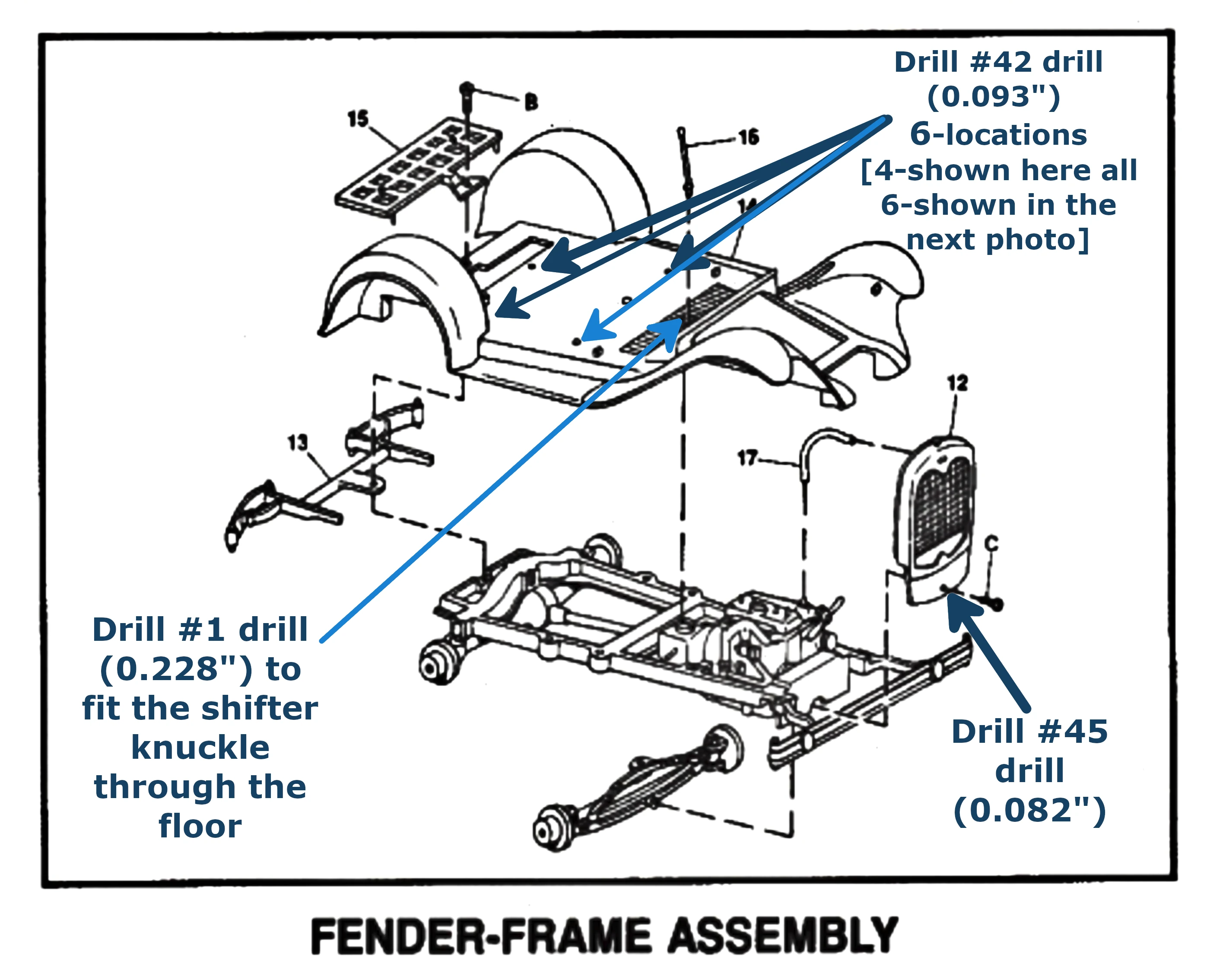 Fender-Frame assembly diagram marking drill locations and size