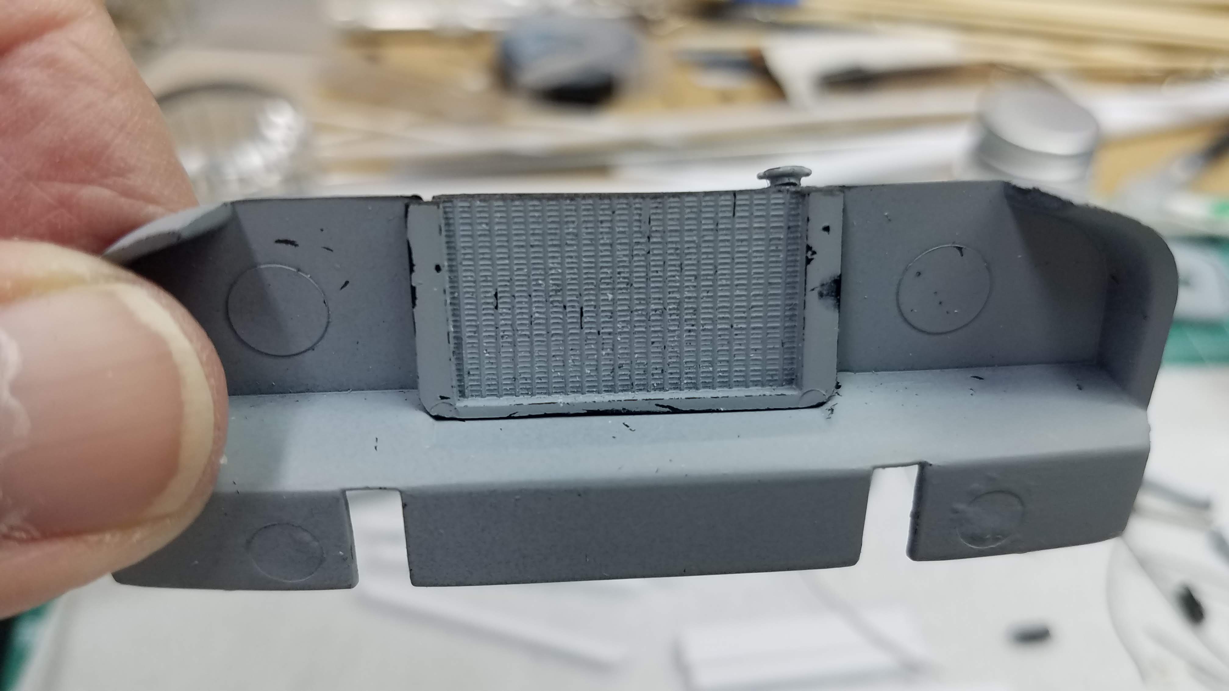 Scratch built radiator fits perfectly in the opening, front view