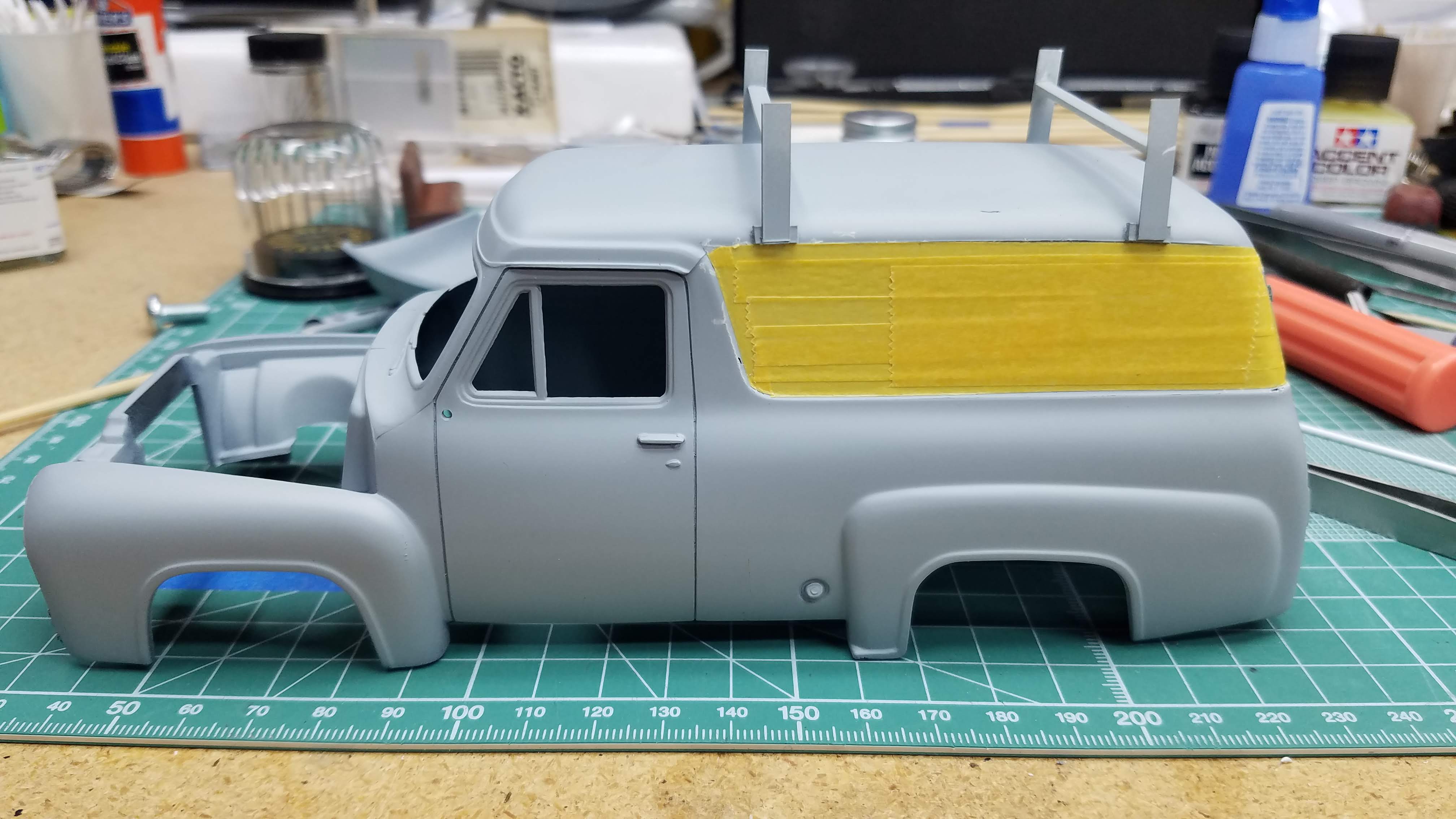 Side panels masked so that body can be painted
