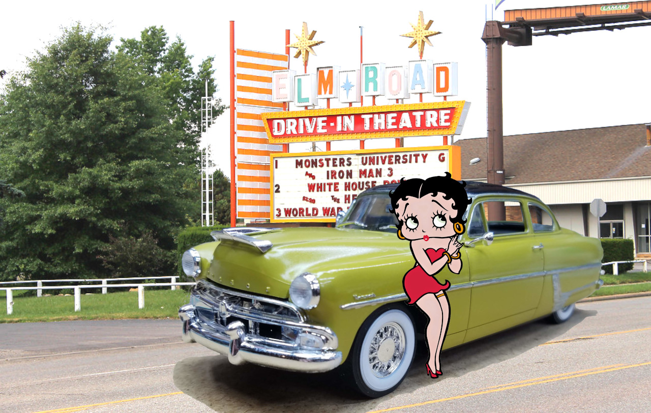 1954 Hudson Hornet Club Coupe outside a drive-in with Betty Boop