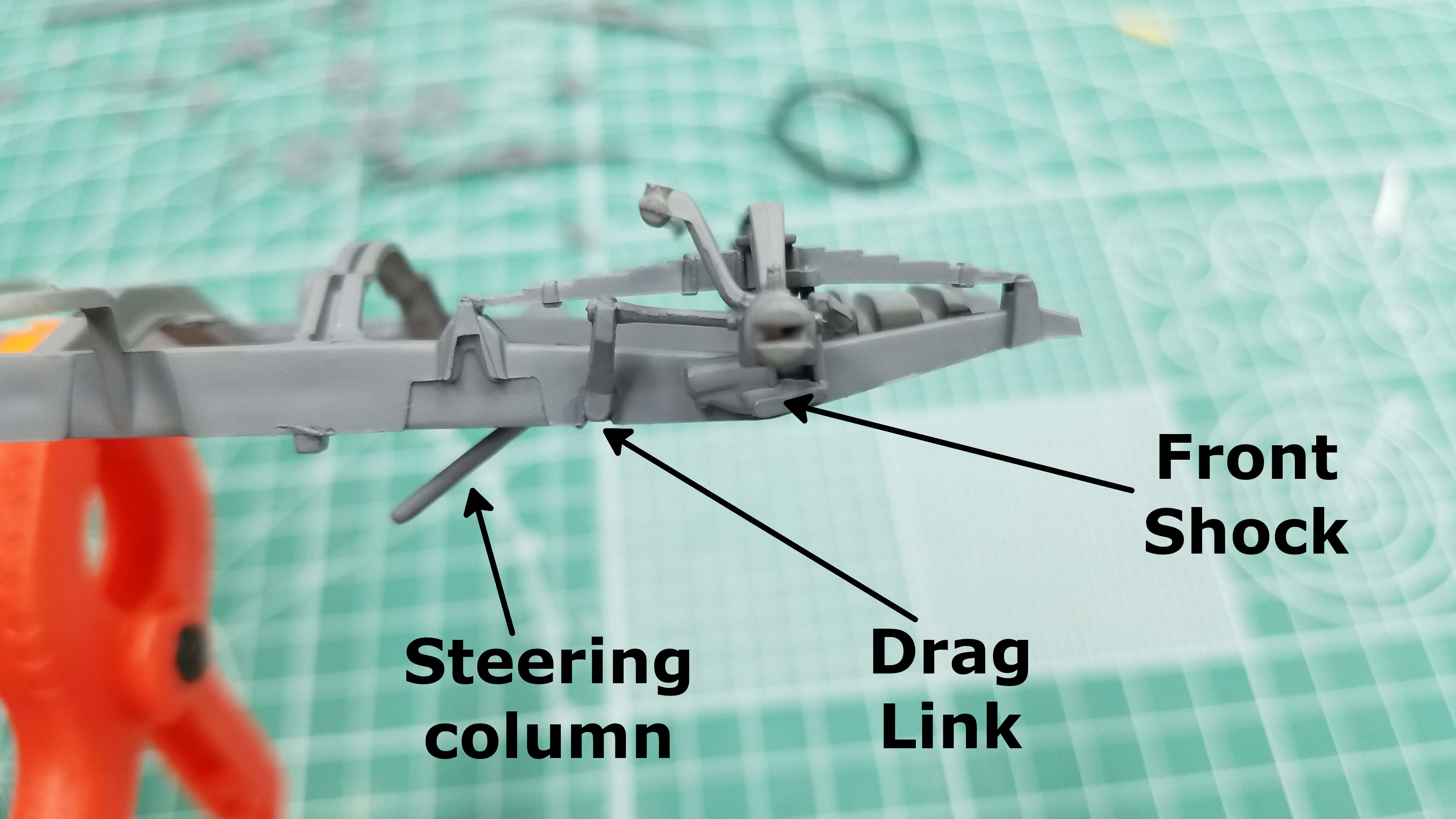 1941 Chevy Pickup frame showing front shock, drag link and steering box