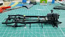 Mock up of engine, exhaust and drive shaft in the frame