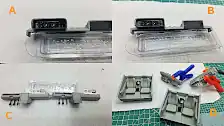 Upper and lower dashboard halves have decals installed and ready to be glued together