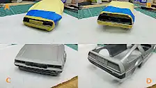 Painted body is masked so the gray vinyl of the front nose and rear can be painted