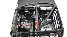 Dashboard is detailed, steering wheel and rear view mirror installed